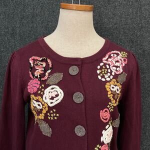Whimsical Cottagecore Floral Embroidered Cardigan Burgundy Button Front Sweater